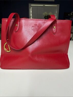 Lauren Ralph Lauren Red Leather Tote with Gold Accents
